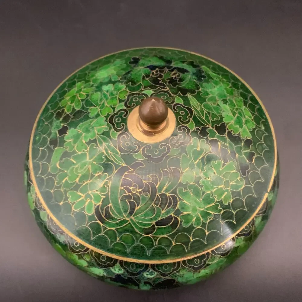 Chinese Cloisonne Bowl w/ Lid Enamel Over Brass Green Champleve Floral Leaf - Picture 4 of 16